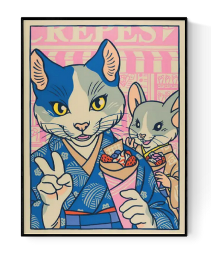 Playful pop-style illustration by Yeaaah! Studio featuring a stylish anthropomorphic cat and mouse in traditional Japanese kimonos, enjoying crepes and posing for a selfie in a colorful Harajuku street scene. A vibrant fusion of kawaii culture and retro comic art—perfect for fans of Japan-inspired, quirky wall decor