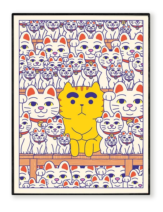 Maneki-Neko art print by Yeaaah! Studio featuring a bright yellow cat among hundreds of white Japanese lucky cats with raised paws, inspired by Gotoku-ji Temple in Tokyo. Digital print on 300g Old Mill Premium White paper, available in 30x40 cm or 50x70 cm, printed in France, unframed.