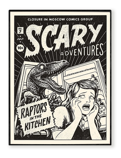 Raptor art print by Yeaaah! Studio featuring retro black-and-white comic cover design with a terrified woman, an open fridge, and a velociraptor inside. Includes text “Raptors in the Kitchen,” printed on 30x40 cm Old Mill Premium White 300g paper, digital print, unframed, made in France.