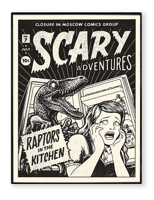 Raptor art print by Yeaaah! Studio featuring retro black-and-white comic cover design with a terrified woman, an open fridge, and a velociraptor inside. Includes text “Raptors in the Kitchen,” printed on 30x40 cm Old Mill Premium White 300g paper, digital print, unframed, made in France.