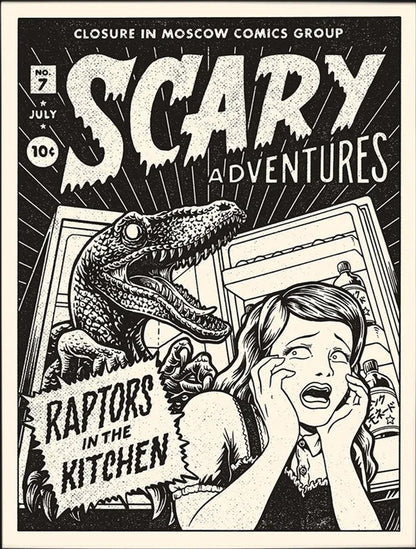 Raptor art print by Yeaaah! Studio featuring retro black-and-white comic cover design with a terrified woman, an open fridge, and a velociraptor inside. Includes text “Raptors in the Kitchen,” printed on 30x40 cm Old Mill Premium White 300g paper, digital print, unframed, made in France.