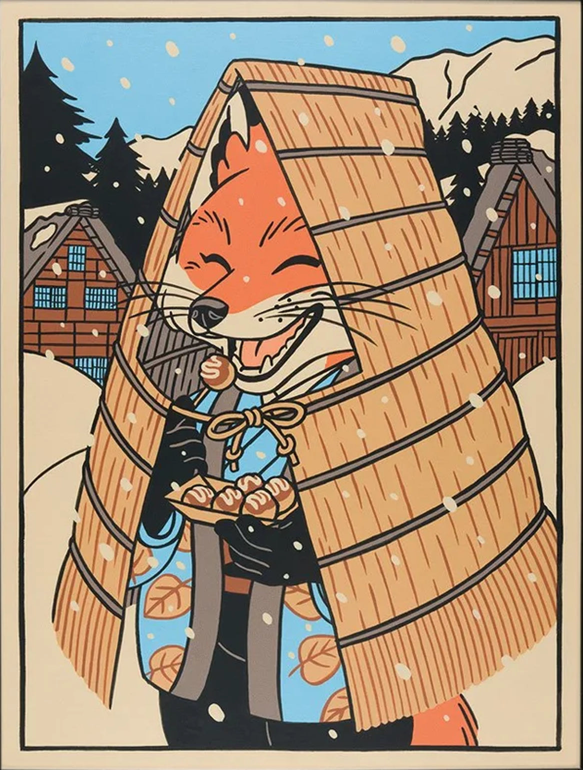 The Fox at the Mino art print by Yeaaah! Studio, featuring a smiling fox in a traditional straw cape eating takoyaki in a snowy Japanese village with mountains and wooden houses in the background. Printed on 300g recycled paper, 30x40 cm, made in France, unframed.