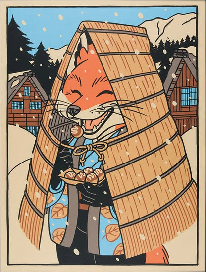 The Fox at the Mino art print by Yeaaah! Studio, featuring a smiling fox in a traditional straw cape eating takoyaki in a snowy Japanese village with mountains and wooden houses in the background. Printed on 300g recycled paper, 30x40 cm, made in France, unframed.