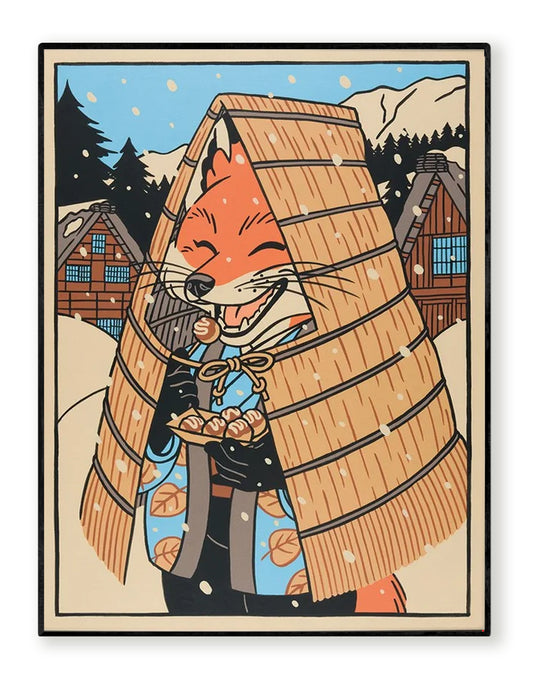The Fox at the Mino art print by Yeaaah! Studio, featuring a smiling fox in a traditional straw cape eating takoyaki in a snowy Japanese village with mountains and wooden houses in the background. Printed on 300g recycled paper, 30x40 cm, made in France, unframed.