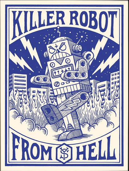Killer Robot art print by Yeaaah! Studio, featuring a vintage comic-style blue robot destroying a city with lightning bolts and flames in the background. Retro pulp sci-fi illustration printed on 300g Old Mill Premium White paper, 30x40 cm, made in France, unframed.