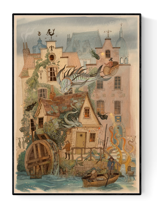 Fantasy-style illustration of Bruges by Lena Yampolski with magical creatures, dragons, octopus tentacles and charming Belgian houses – high-quality Giclée print available in A4 and A3, perfect wall decor for folklore and fantasy art lovers.