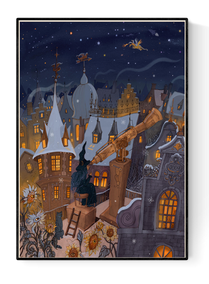 A4 Giclée print titled "Winter Star Gazer" by Lena Yampolski, featuring a whimsical witch on a rooftop in snowy Brussels using a telescope, surrounded by sunflowers, folk architecture, and a winter night sky.