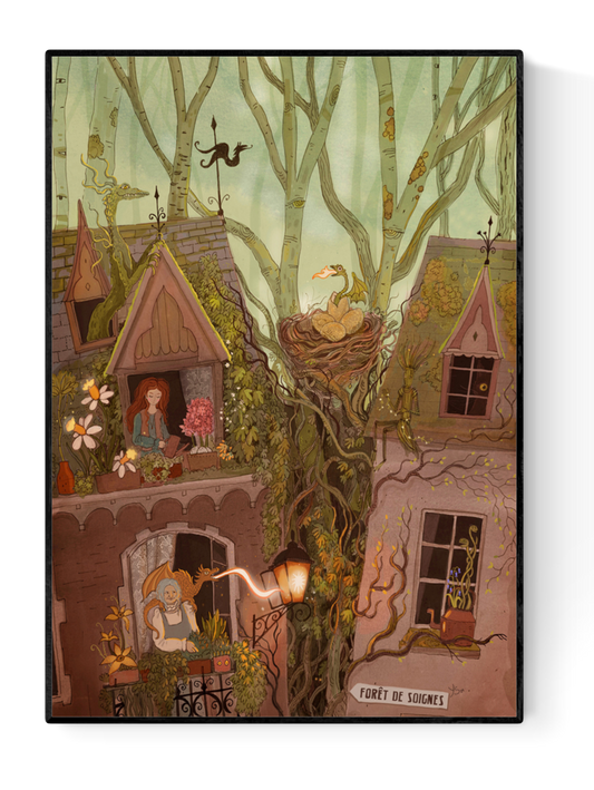 Whimsical fantasy art print of a Brussels house with hidden dragons, enchanted trees, and magical details — House of Dragons illustration by Lena Yampolski, perfect for fantasy lovers and folklore art collectors.