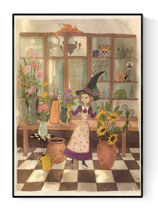 Illustration by Lena Yampolski showing a witch arranging magical flowers in a cozy botanical shop, surrounded by sunflowers, mandrakes, potions and fantasy creatures, in warm earthy tones.