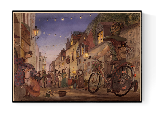 Whimsical illustration of a magical Brussels street by night with lanterns, costumed characters, and animals by Lena Yampolski – A4 fantasy folklore giclée print.