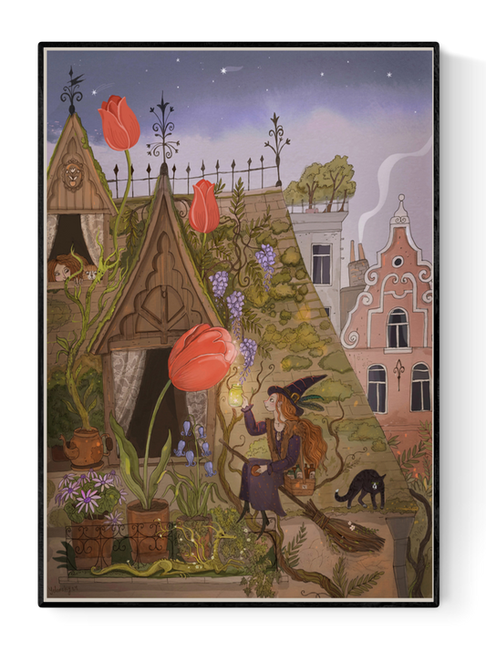 A4 Giclée print titled Tulips of Marolles by Lena Yampolski, showing a witch tending a rooftop garden with oversized tulips and wisteria in Brussels' Marolles neighborhood. Richly detailed illustration printed on 180g matte fine art paper in Belgium. Whimsical folk art with fantasy elements.