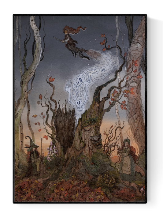 A4 Giclée print titled "Witches Tree" by Lena Yampolski, featuring witches, a flying broom, an enchanted talking tree, and autumn forest details in a Slavic fairytale-inspired illustration.