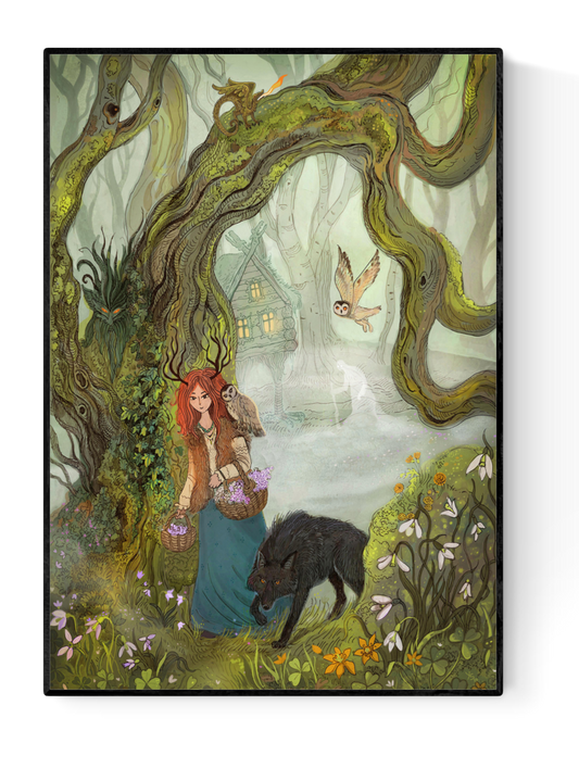 A4 Giclée print titled "Witch and Wolf" by Lena Yampolski, featuring a red-haired witch holding flowers, accompanied by a black wolf, set in a magical forest with fantasy trees, owl, and a hidden house in the mist.
