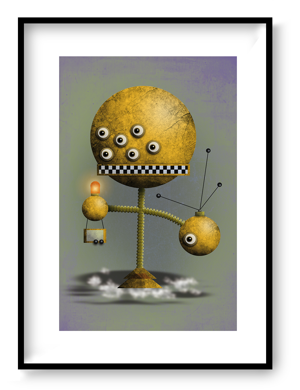 Yellow Robot retro futuristic illustration by Gert Paenen showing a quirky golden mechanical character with multiple eyes and geometric shapes in a surreal sci-fi design art print