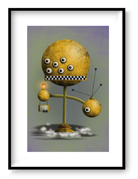 Yellow Robot retro futuristic illustration by Gert Paenen showing a quirky golden mechanical character with multiple eyes and geometric shapes in a surreal sci-fi design art print