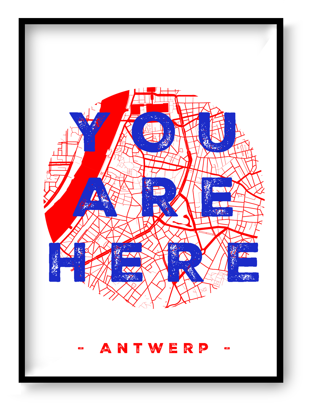 A6 hand-printed screen print titled “You Are Here” by De Zeverij, featuring a red and blue graphic map of Antwerp with bold typography, contemporary Belgian illustration art.