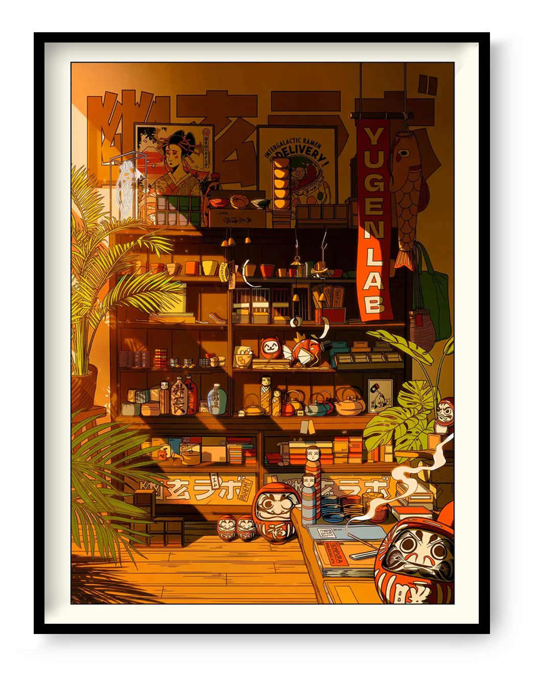 Japanese retro shop interior illustration with daruma dolls, kokeshi dolls, vintage posters and warm golden light, detailed Japanese culture wall art print by Paiheme Studio
