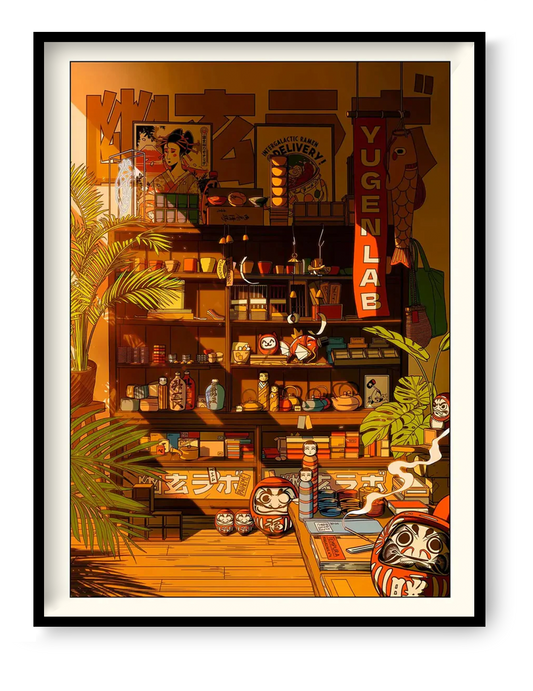 Japanese retro shop interior illustration with daruma dolls, kokeshi dolls, vintage posters and warm golden light, detailed Japanese culture wall art print by Paiheme Studio