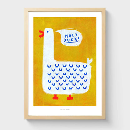 Humorous A3 art print of a cartoon white duck on a mustard yellow background with speech bubble saying “Holy Duck!” – playful illustration by Just Cool Design, printed on 230g matte fine art paper.