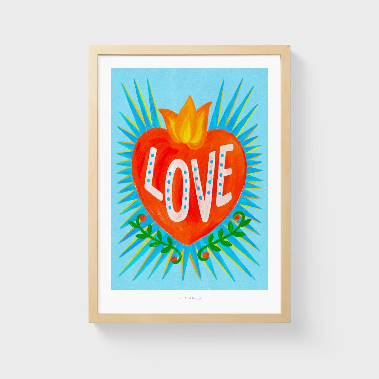 Bright Mexican folk-style illustration of a red heart with yellow flames and the word “LOVE” in white letters on a turquoise blue background, surrounded by green leaves – vibrant Giclée art print by Just Cool Design.