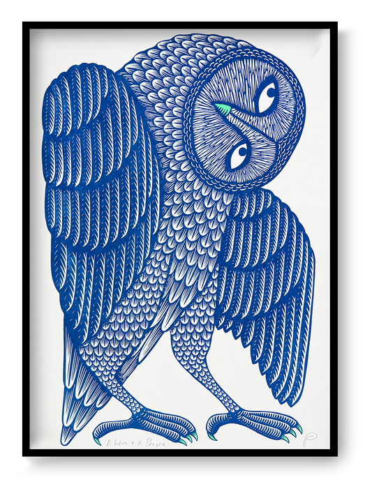A Wing and a Prayer by Strangford, vertical A3 risograph art print of a stylised owl in dark blue and mint green with detailed graphic feathers, ideal for playful modern wall decor.