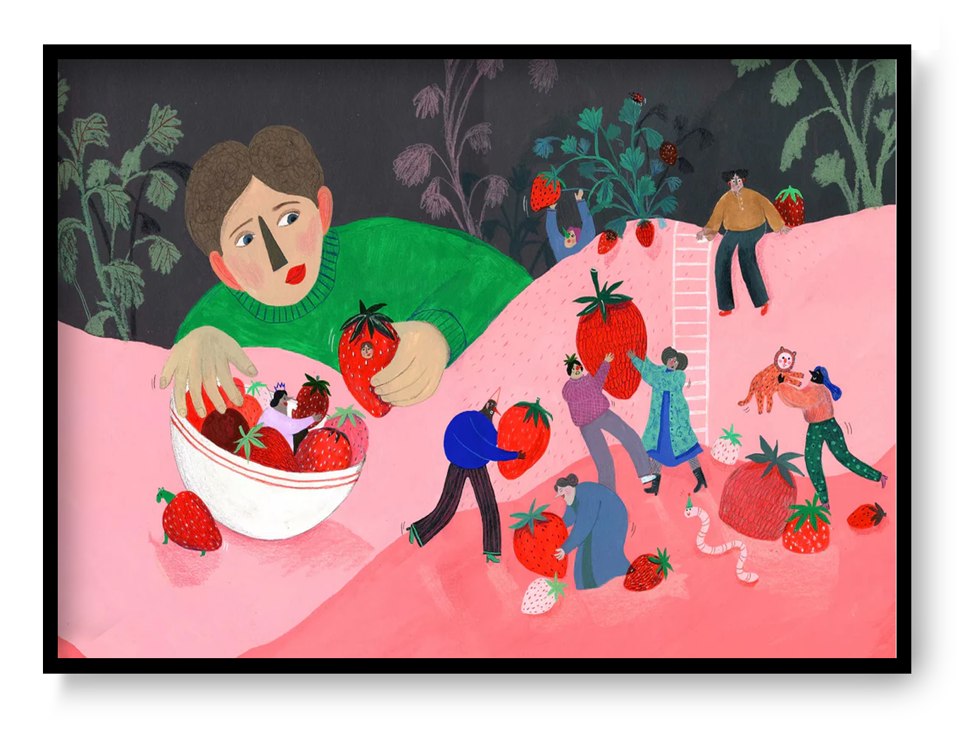 Digital art print "Aardbeien" by Belgian illustrator Louise de Meester, featuring bright red strawberries in a whimsical, textured style. Perfect for colorful kitchen decor and contemporary illustration lovers.