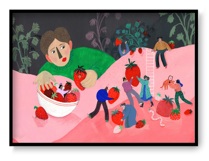 Digital art print "Aardbeien" by Belgian illustrator Louise de Meester, featuring bright red strawberries in a whimsical, textured style. Perfect for colorful kitchen decor and contemporary illustration lovers.