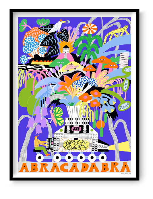 Abracadabra by Dans les Dents, colorful vertical giclée art print featuring a surreal jungle of tropical plants, exotic animals, mushrooms and a whimsical machine in bright purple, orange, green and pink. Playful wall art for creative interiors.