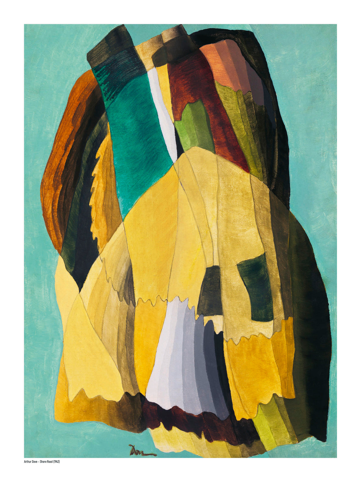 Arthur Dove’s Shore Road, a vertical abstract digital art print with turquoise, mustard yellow, green, brown and burgundy organic forms, ideal as colourful modern wall decor.