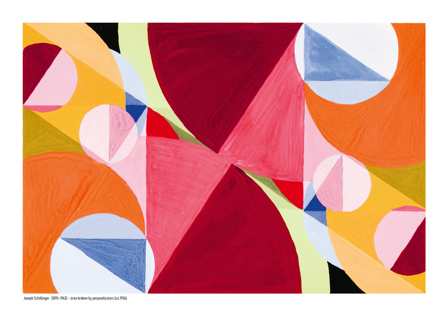 Horizontal abstract digital art print by Joseph Schillinger with overlapping geometric shapes in red, pink, orange, yellow, blue and green, ideal as colourful wall art for modern living rooms or offices.