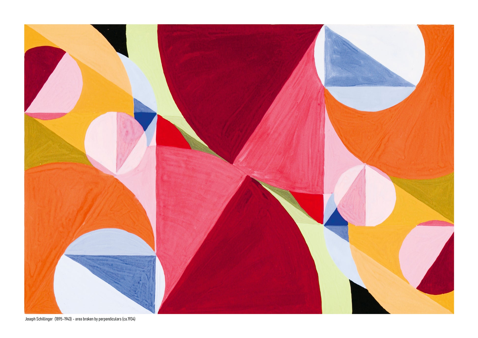 Horizontal abstract digital art print by Joseph Schillinger with overlapping geometric shapes in red, pink, orange, yellow, blue and green, ideal as colourful wall art for modern living rooms or offices.