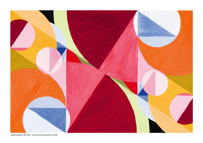 Horizontal abstract digital art print by Joseph Schillinger with overlapping geometric shapes in red, pink, orange, yellow, blue and green, ideal as colourful wall art for modern living rooms or offices.