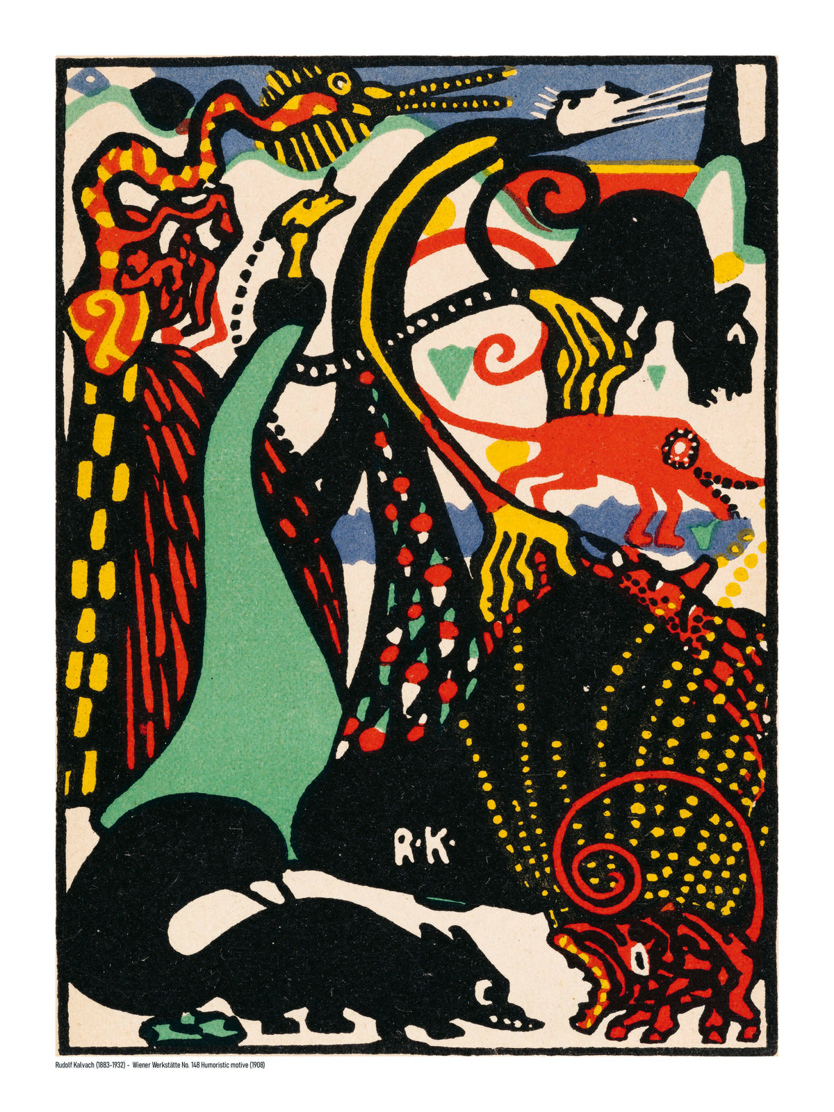 Humoristic Motive by Rudolf Kalvach, vertical Wiener Werkstätte digital print with stylised animals, bold black forms, red, yellow, mint and blue, ideal as colourful statement wall art.