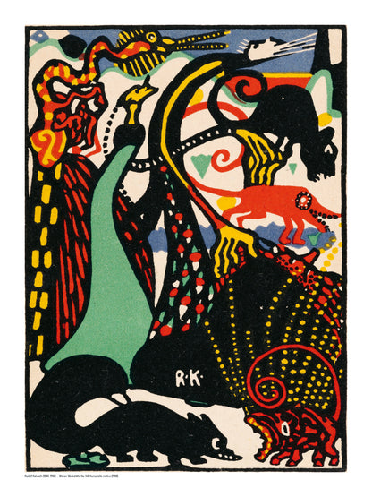 Humoristic Motive by Rudolf Kalvach, vertical Wiener Werkstätte digital print with stylised animals, bold black forms, red, yellow, mint and blue, ideal as colourful statement wall art.