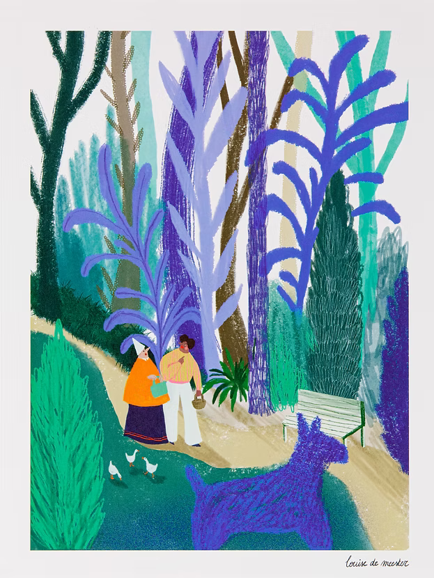 Digital art print "Blauwe Wandeling" by Louise de Meester, featuring two people walking in a lush, colorful park with large blue plants and a playful blue dog. Ideal for whimsical and nature-inspired home decor.