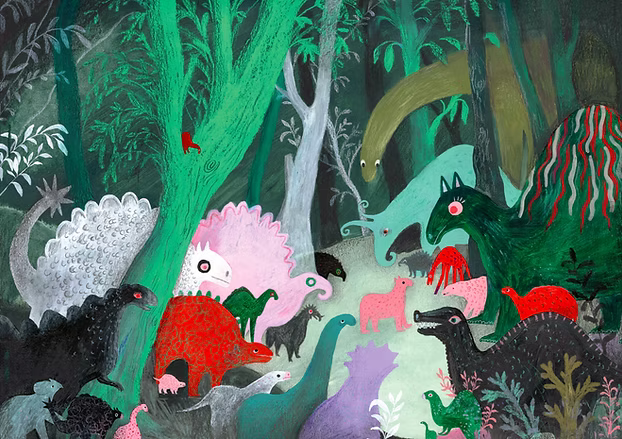 Whimsical dinosaur illustration art print by Louise de Meester showing colorful prehistoric animals in a dense jungle landscape with textured painterly style.