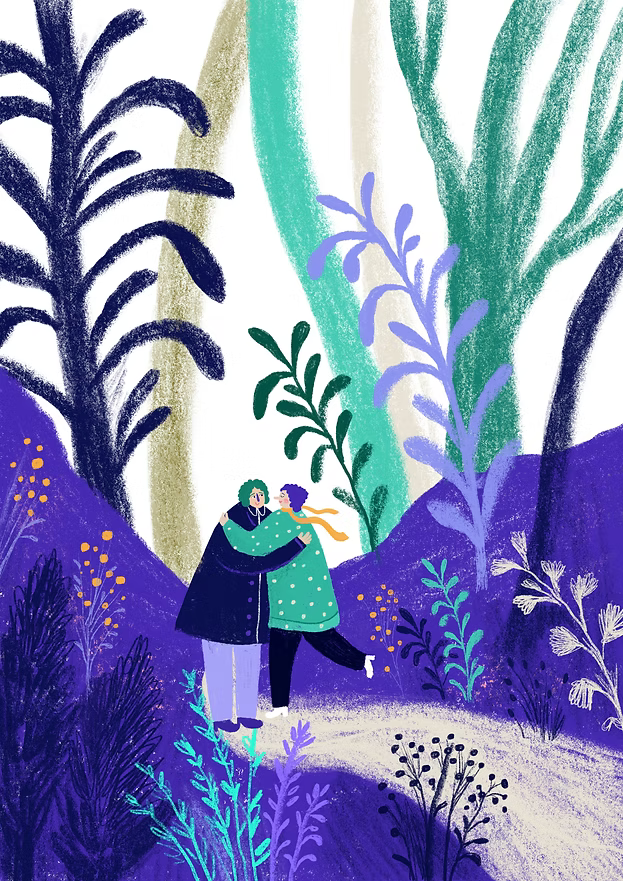 Colourful digital art print by Belgian illustrator Louise de Meester, featuring two people hugging in a dreamy, lush forest setting with purple and green foliage – 21x29.7 cm, perfect for adding warmth and love to your home.