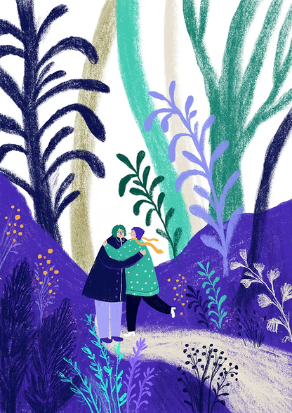 Colourful digital art print by Belgian illustrator Louise de Meester, featuring two people hugging in a dreamy, lush forest setting with purple and green foliage – 21x29.7 cm, perfect for adding warmth and love to your home.