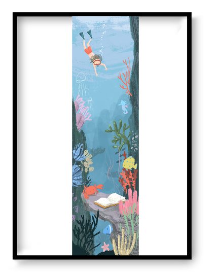 Adventure giclée art print by Willy Leung in vertical format showing an underwater exploration scene with a diver, sea life, and an open book, printed on fine art paper.