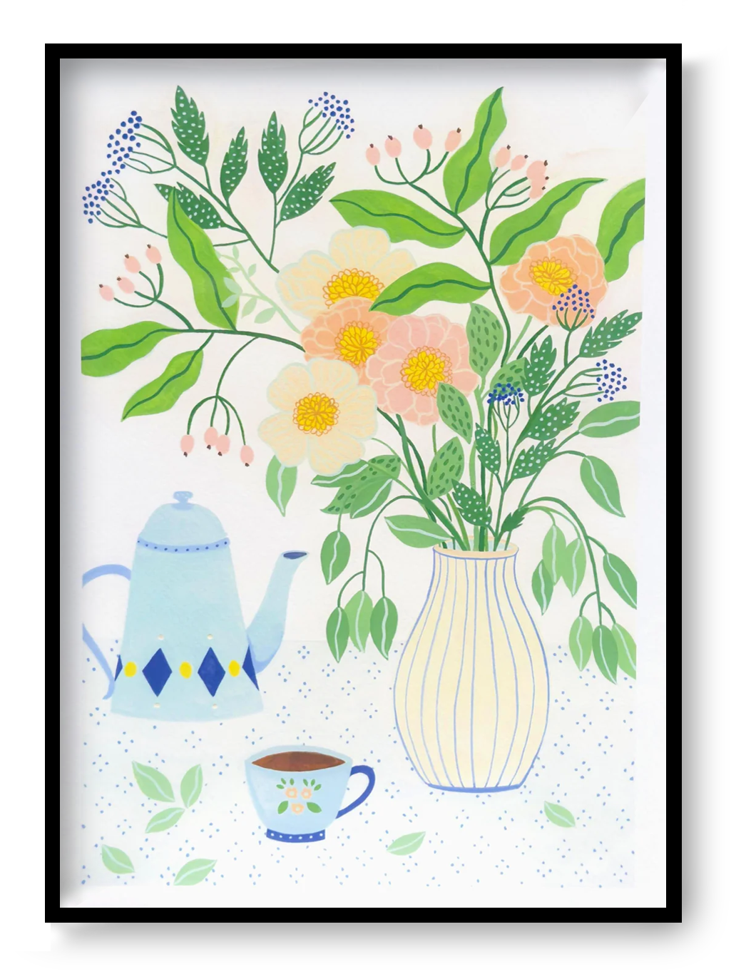A3 art print "Afternoon Tea" by Leens featuring a pastel floral bouquet in a striped vase, vintage teapot, teacup, and dotted tablecloth. Perfect artwork for kitchens, tea lovers, or serene home corners.