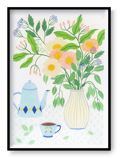 A3 art print "Afternoon Tea" by Leens featuring a pastel floral bouquet in a striped vase, vintage teapot, teacup, and dotted tablecloth. Perfect artwork for kitchens, tea lovers, or serene home corners.