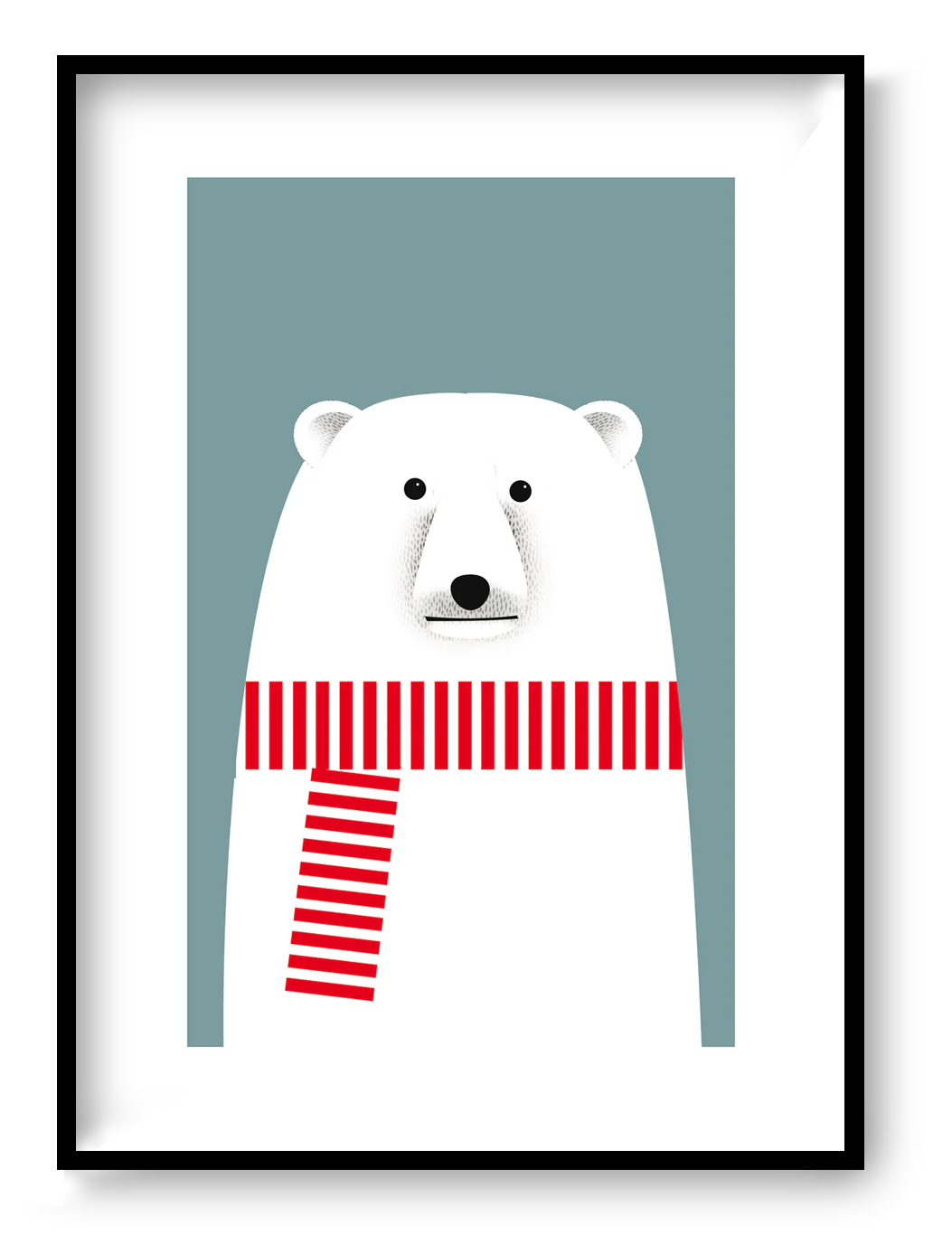 Minimalist illustration by Studio Frits of a charming polar bear wearing a bold red and white striped scarf against a soft blue background. Clean lines and Scandinavian-inspired design make this print a playful yet stylish addition to modern nurseries, seasonal decor, or minimalist art collections