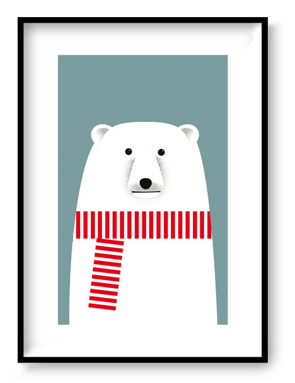 Minimalist illustration by Studio Frits of a charming polar bear wearing a bold red and white striped scarf against a soft blue background. Clean lines and Scandinavian-inspired design make this print a playful yet stylish addition to modern nurseries, seasonal decor, or minimalist art collections
