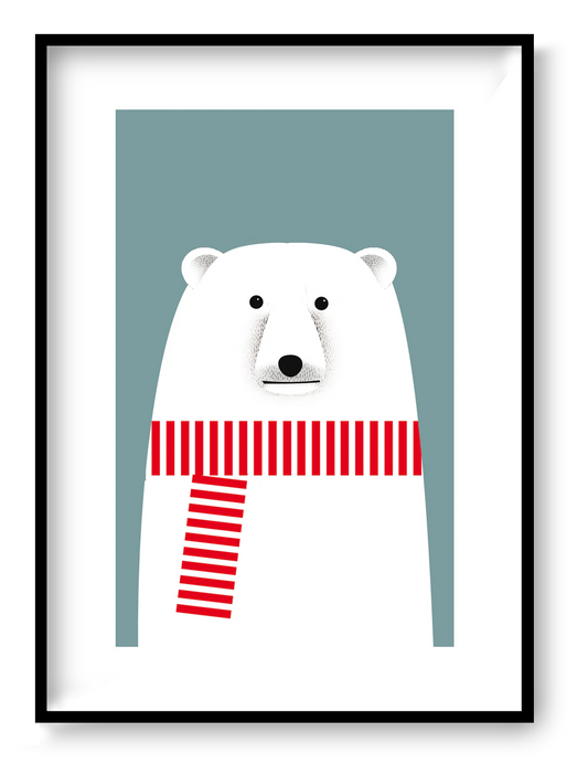Minimalist illustration by Studio Frits of a charming polar bear wearing a bold red and white striped scarf against a soft blue background. Clean lines and Scandinavian-inspired design make this print a playful yet stylish addition to modern nurseries, seasonal decor, or minimalist art collections
