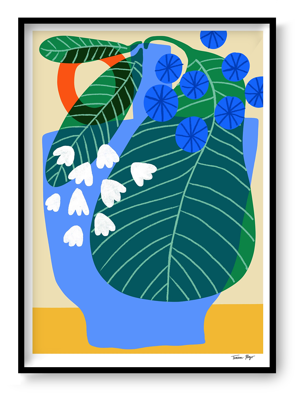 Colourful vertical giclée print by Teresa Rego featuring oversized green Alocasia leaves, blue berries and white flowers in a bold contemporary botanical style.