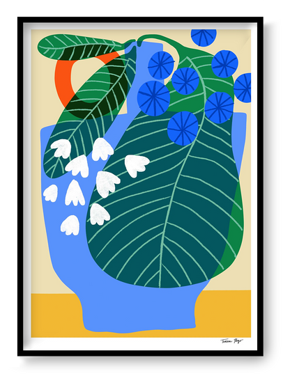 Colourful vertical giclée print by Teresa Rego featuring oversized green Alocasia leaves, blue berries and white flowers in a bold contemporary botanical style.