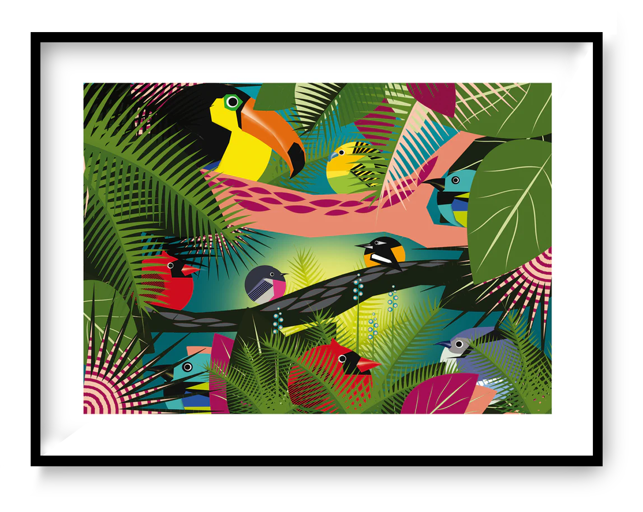 Bold and colorful jungle scene illustration by Studio Frits featuring a lively mix of exotic birds—including toucans and tropical songbirds—nestled among lush green leaves and graphic foliage. A striking, contemporary art print that brings the vibrancy of the Amazon rainforest into your space—perfect for modern interiors, bird lovers, and nature-inspired decor