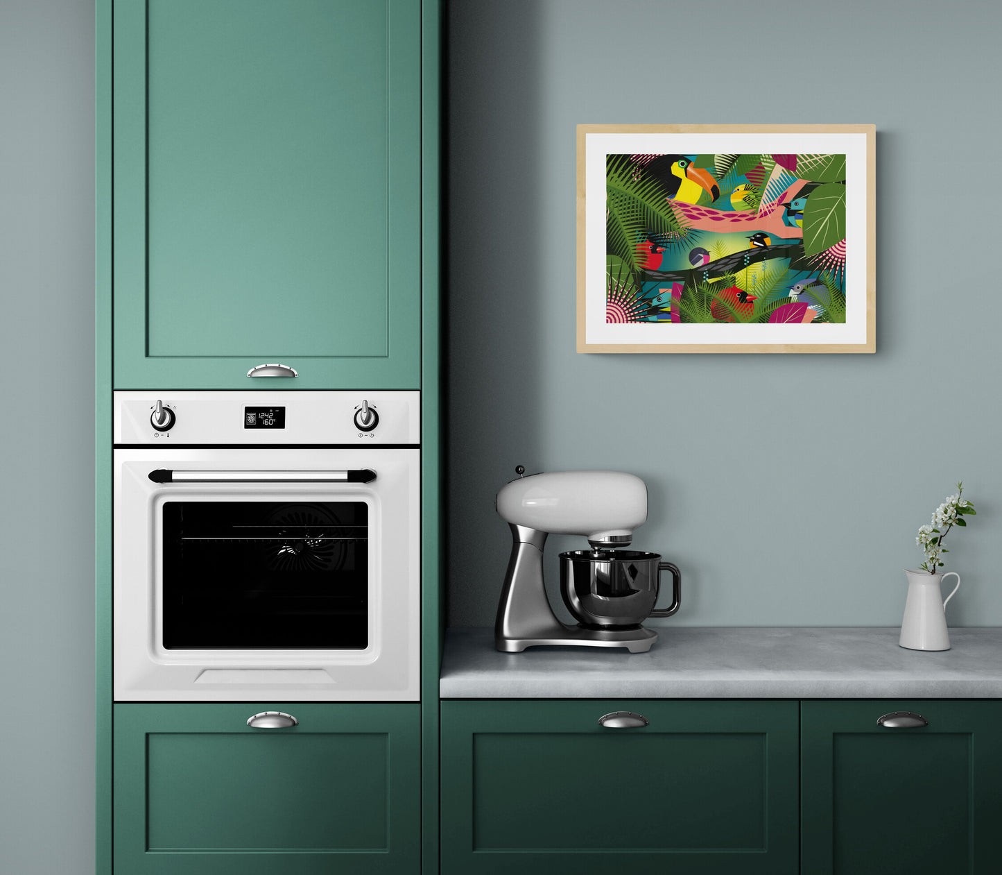 Bold and colorful jungle scene illustration by Studio Frits featuring a lively mix of exotic birds—including toucans and tropical songbirds—nestled among lush green leaves and graphic foliage. A striking, contemporary art print that brings the vibrancy of the Amazon rainforest into your space—perfect for modern interiors, bird lovers, and nature-inspired decor