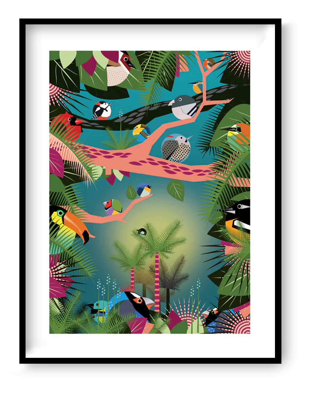 Vibrant jungle-themed illustration by Studio Frits featuring a lush tropical canopy filled with colorful exotic birds perched on graphic pink and black branches. Set against a dreamy teal-green background with bold botanical elements, this dynamic art print captures the rich biodiversity of the Amazon—perfect for brightening up modern interiors, kids’ rooms, or nature-inspired spaces