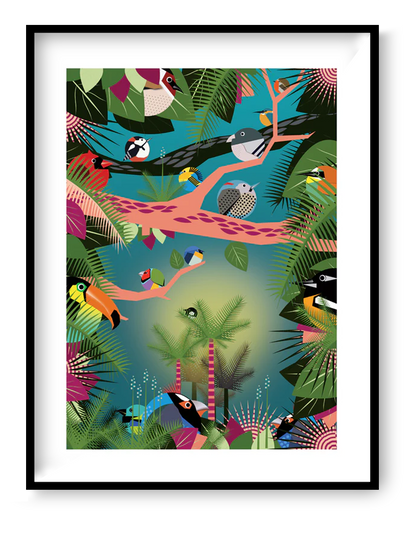 Vibrant jungle-themed illustration by Studio Frits featuring a lush tropical canopy filled with colorful exotic birds perched on graphic pink and black branches. Set against a dreamy teal-green background with bold botanical elements, this dynamic art print captures the rich biodiversity of the Amazon—perfect for brightening up modern interiors, kids’ rooms, or nature-inspired spaces